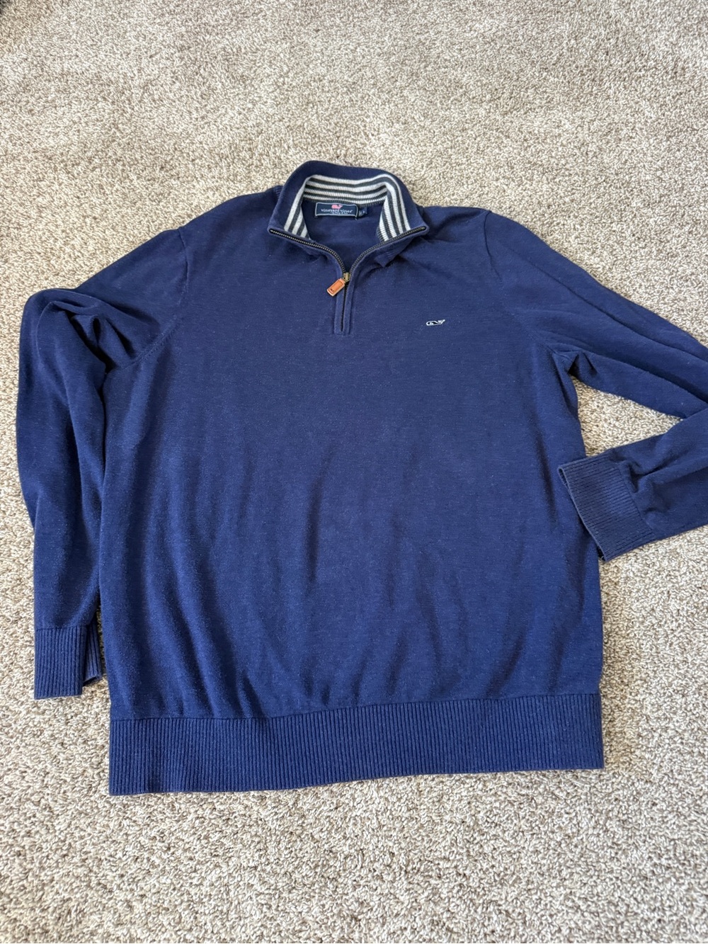 Vineyard Vines Navy Quarter-Zip Sweater with Striped Inner Collar